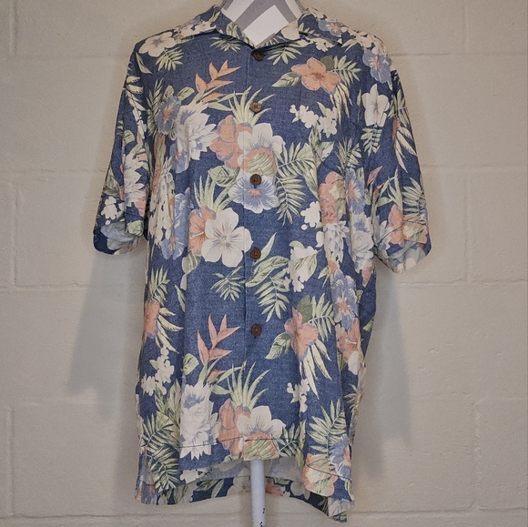 Tommy Bahama 100% Silk Button Down Hibiscus/Fronds Short Sleeve Washed Blue M. - Picture 1 of 12